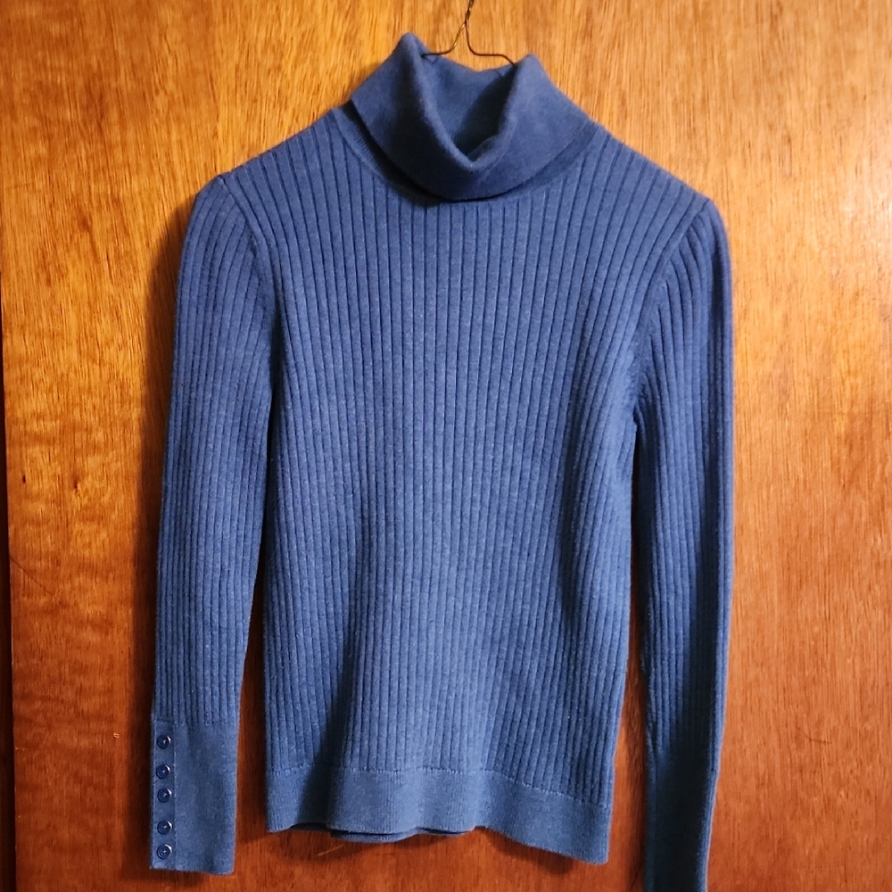 Blue Turtleneck Ribbed Sweater